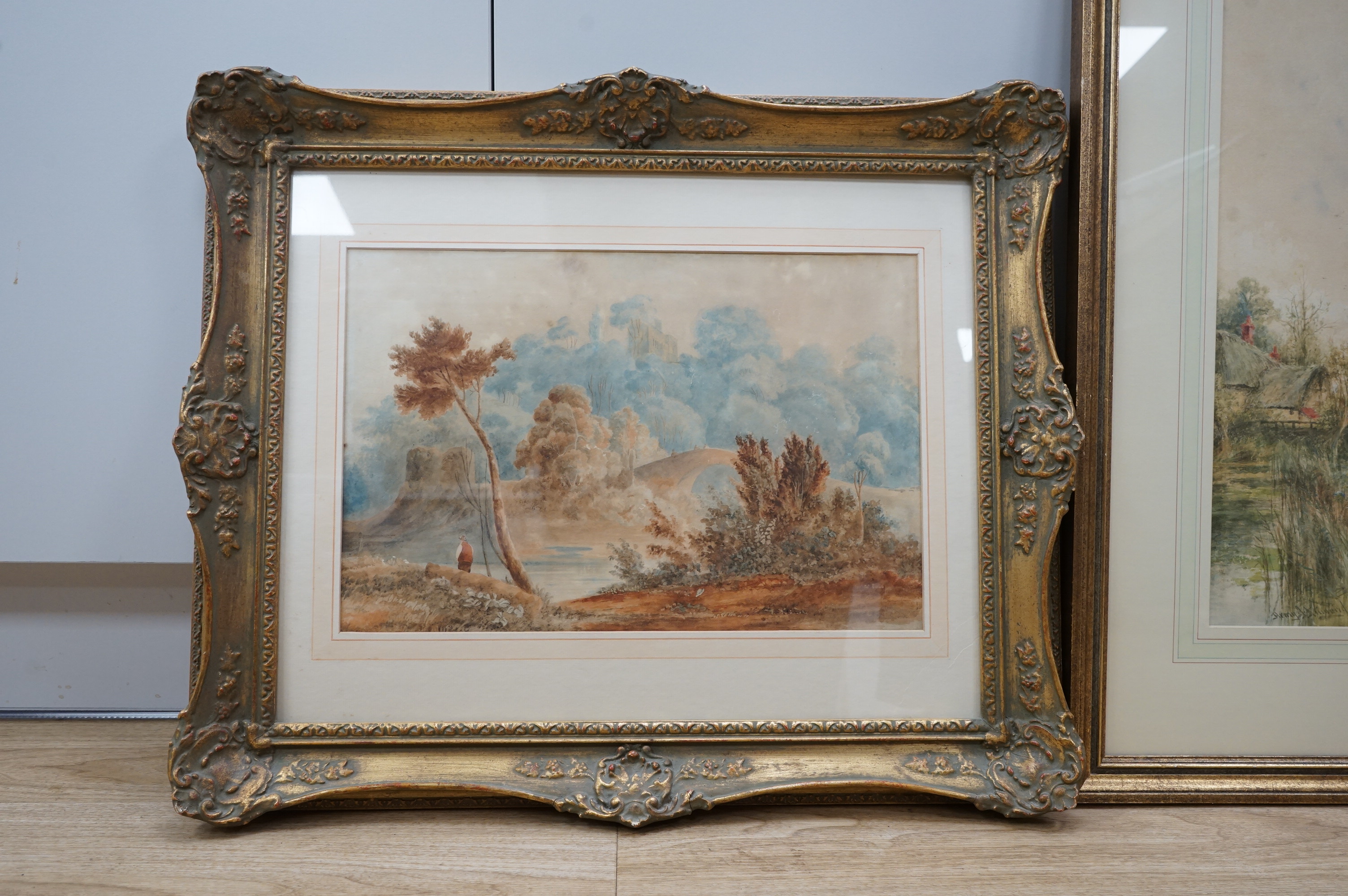 Henry John Kinnaird (1861-1929), watercolour, Sussex view together with two other watercolours, comprising two Continental riverscapes, one signed W R Collett and dated '53, largest 47 x 35cm